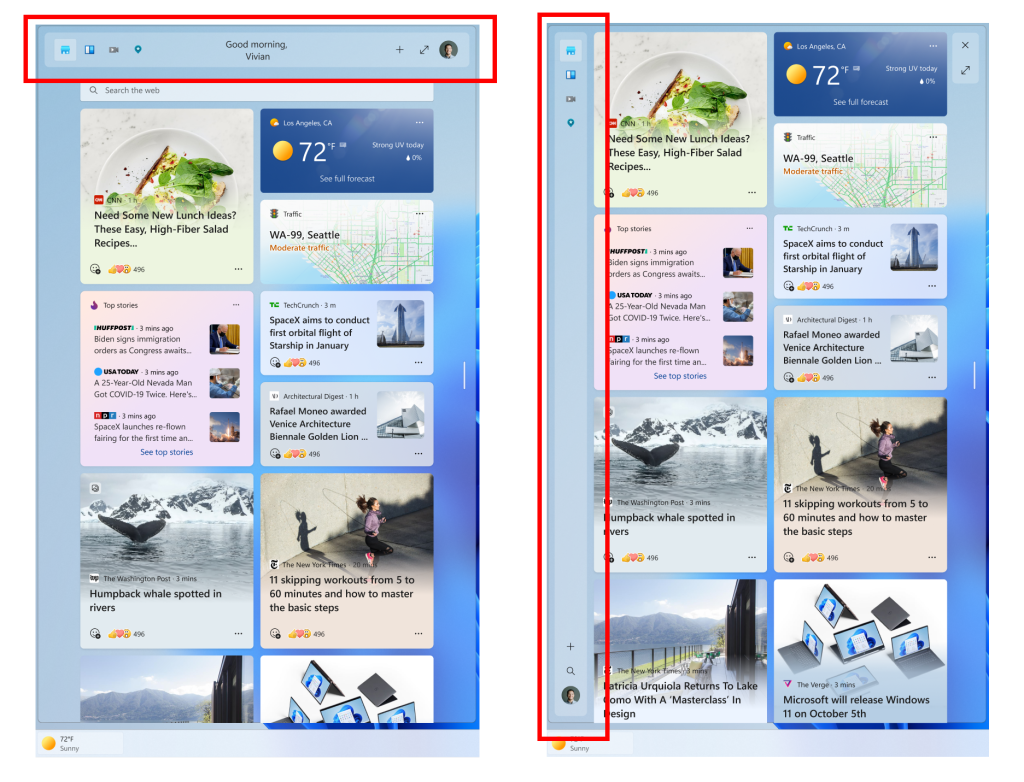 different positions of the header with new icons for the Widgets board on Windows 11 Dev Channel Preview Build 25227