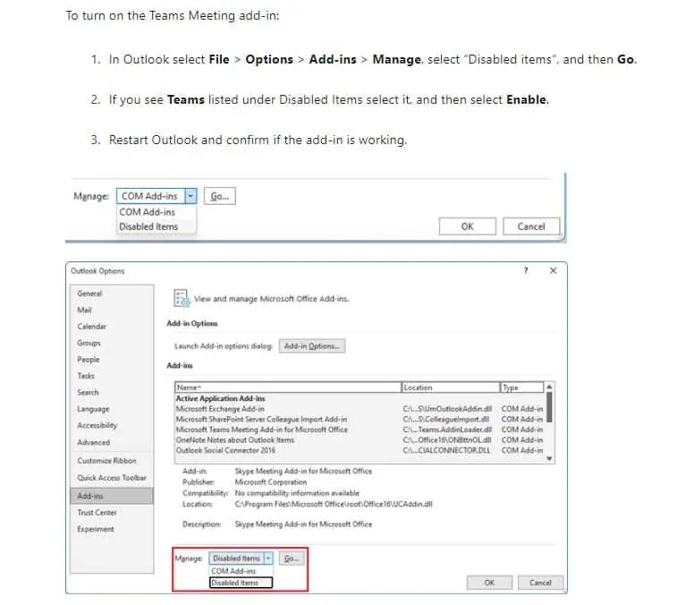 steps to enable Teams Add-in on Outlook