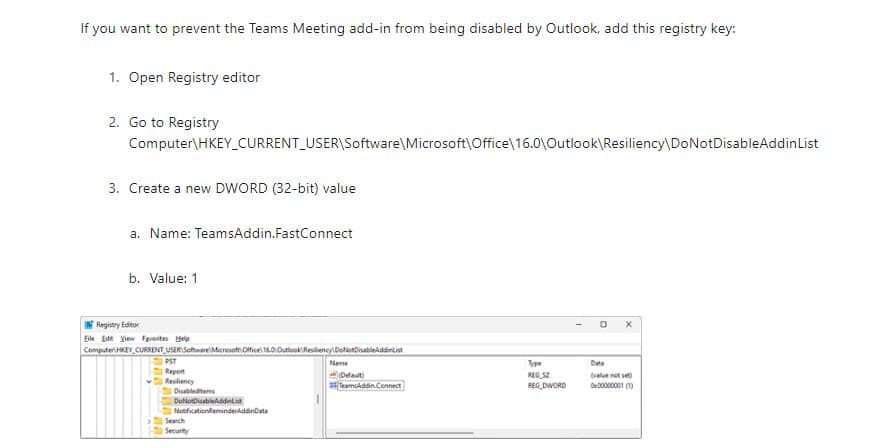 steps to create a new registry key to prevent Teams Add-in on Outlook from being disabled