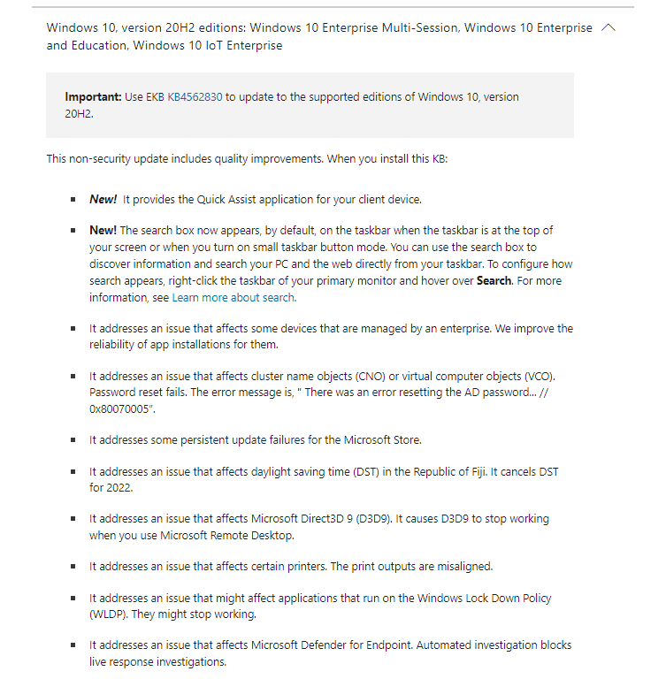 Windows 10 20H2 KB5020030 improvements