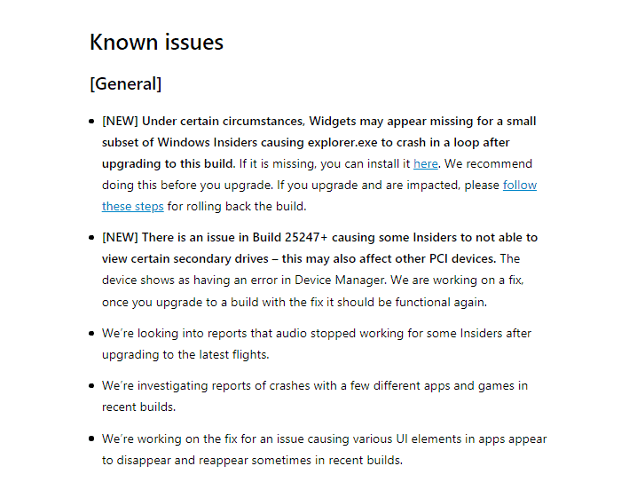 Windows 11 Insider Dev Build 25252 known issues