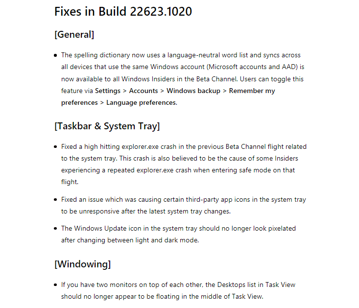 Windows 11 Insider Preview Beta Build 22623.1020 fixes