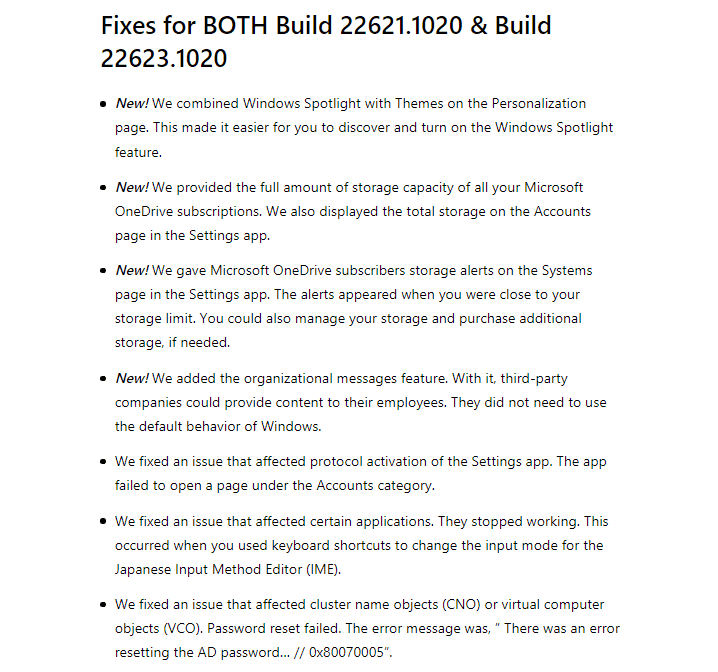 Windows 11 Insider Preview Beta Build 22621.1020 and Build 22623.1020 fixes