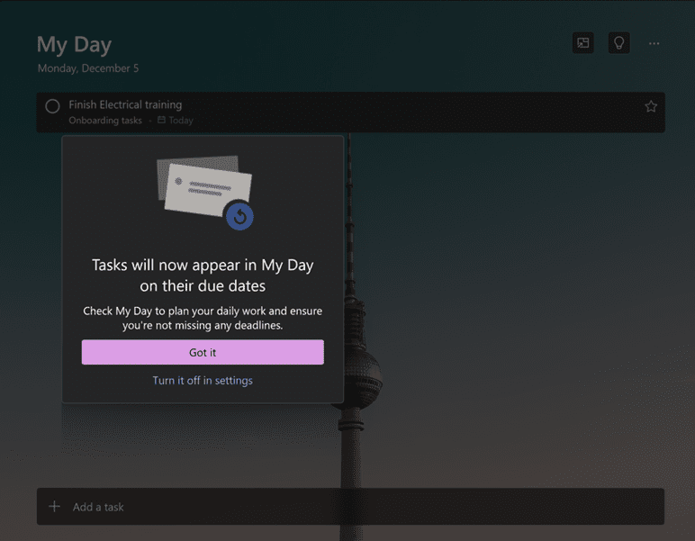 Microsoft To Do showing tasks due today in My Day list
