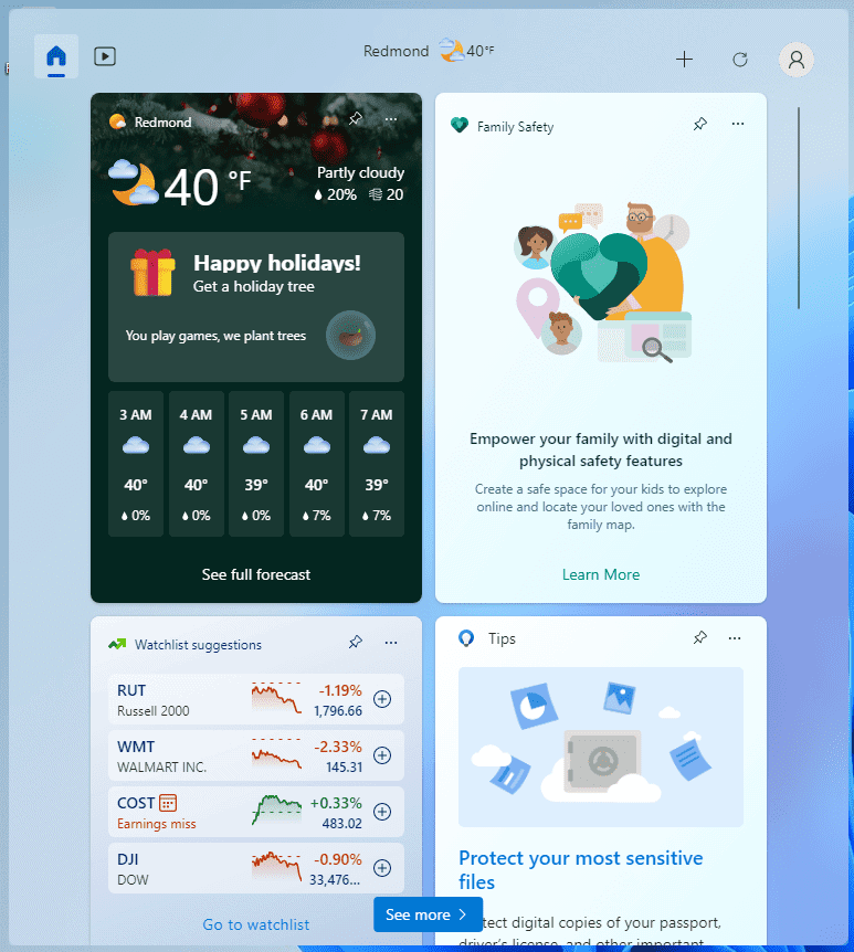 New Windows 11 widget board panel layout