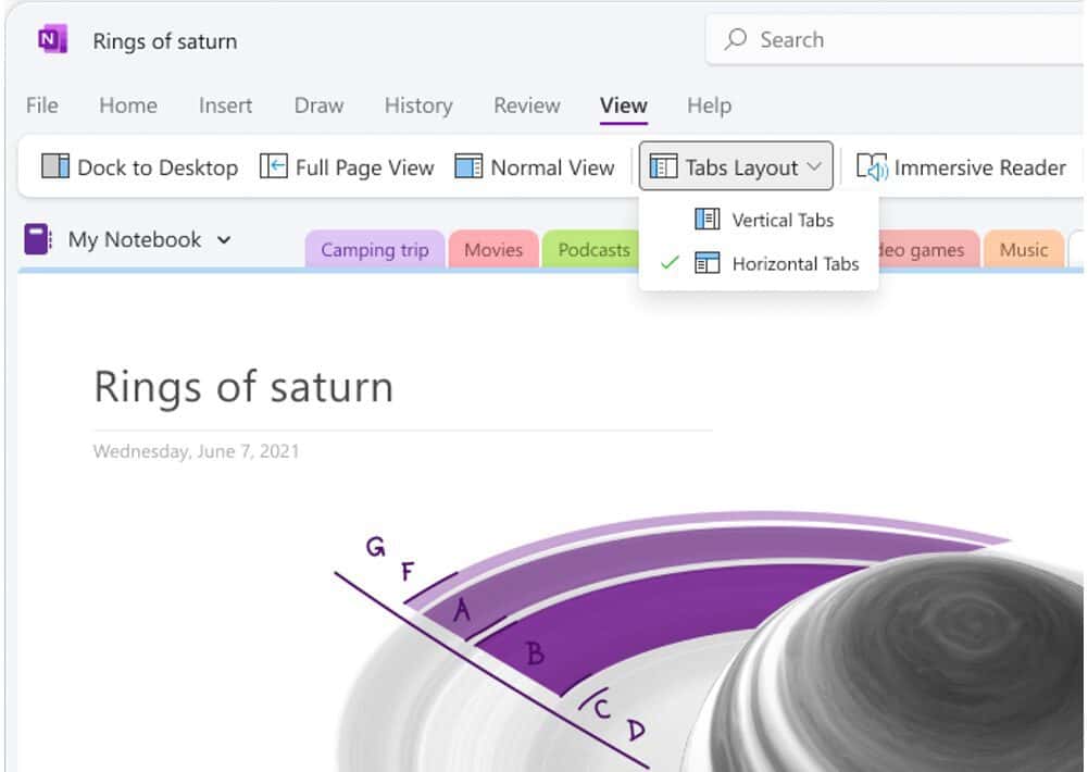 OneNote on Windows 應用程序的“垂直選項卡”佈局選項