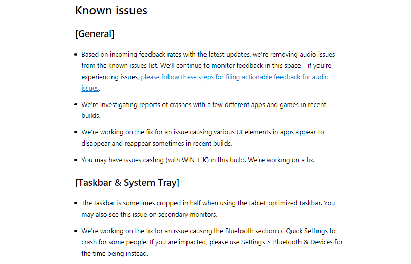 Windows 11 Insider Dev Channel Preview Build 25262 Known Issues