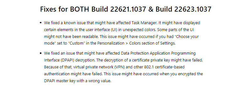 Windows 11 Insider Preview Beta Build 22621.1037 and Build 22623.1037 fixes