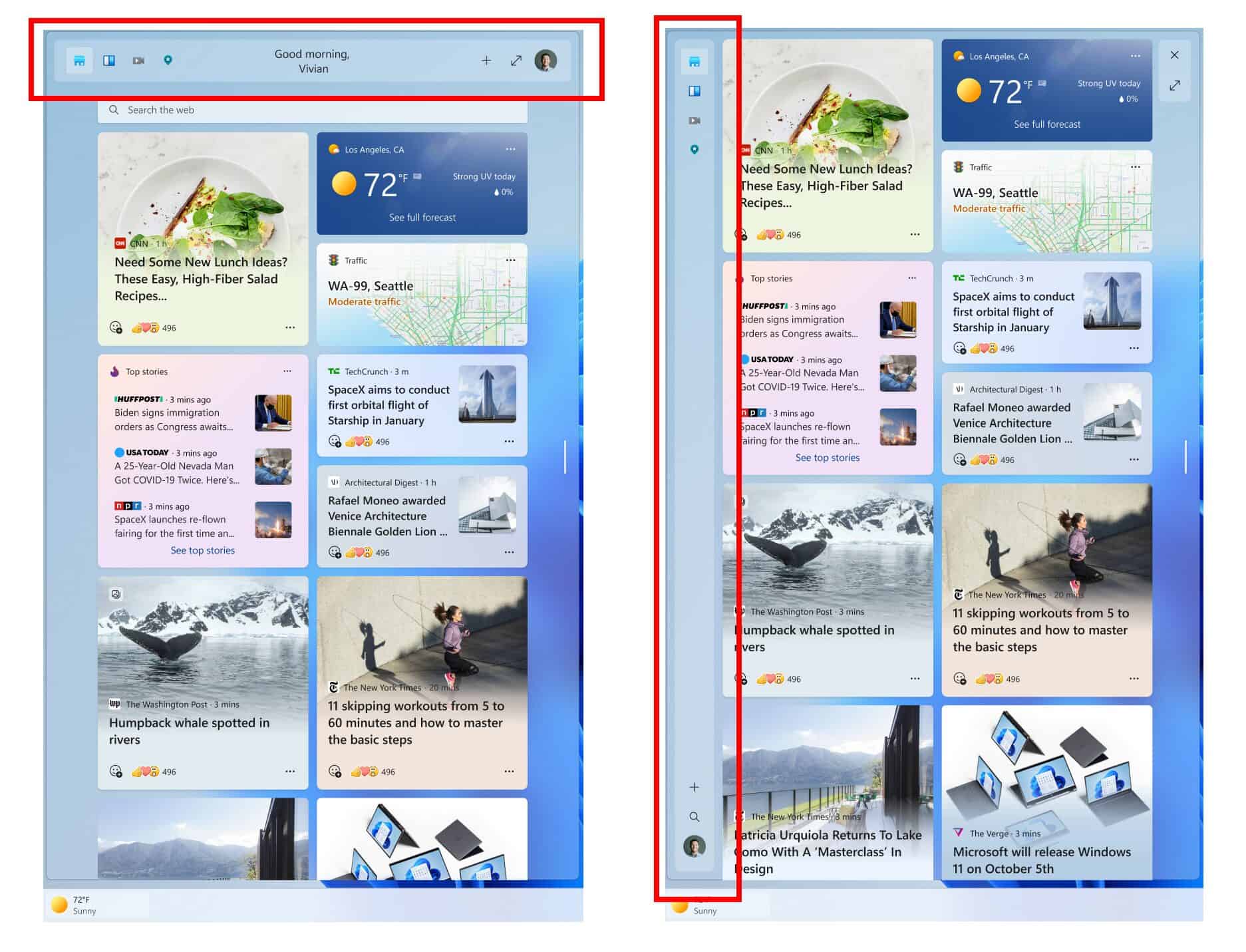 The widget board panel layout in Windows 11 Preview Build 25227 in Dev Channel.