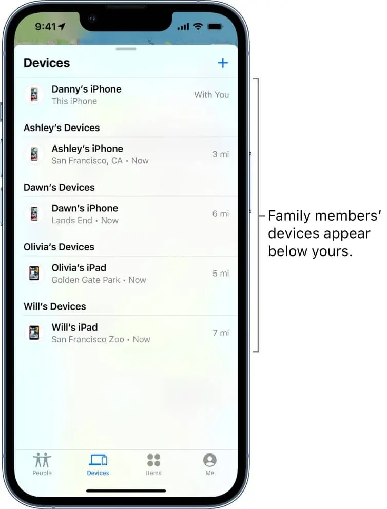 listed devices under Family Sharing on Find My app