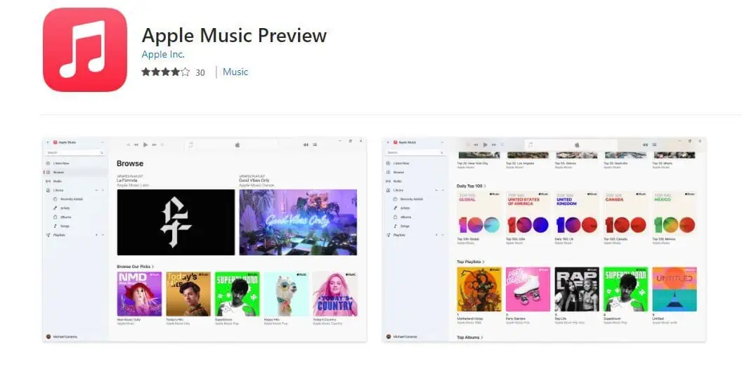 Apple Music app preview in Microsoft Store
