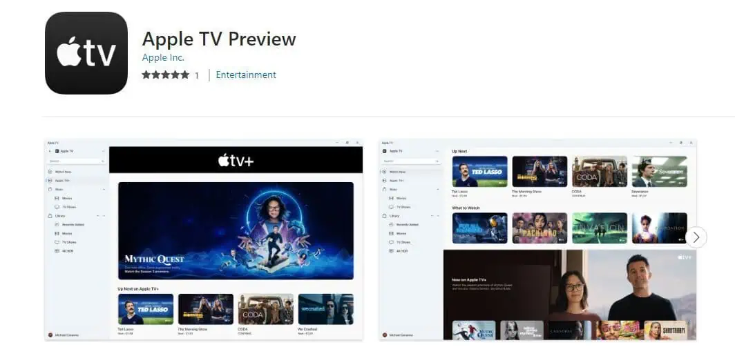 Apple TV app preview in Microsoft Store