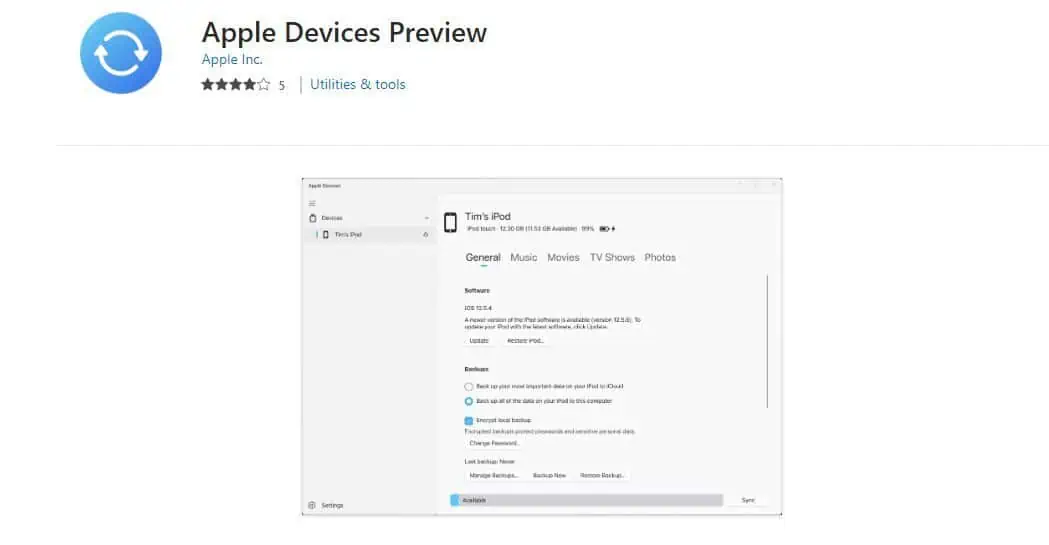 Apple Devices app preview in Microsoft Store