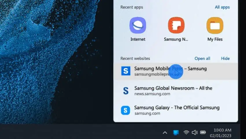 Recent Websites feature of Microsoft Phone Link app shown on Windows flyout