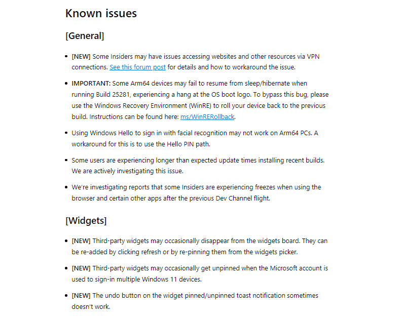Windows 11 Insider Preview Known Issues Build 25284