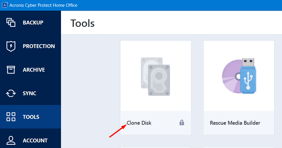 Select Clone Disk from Acronis