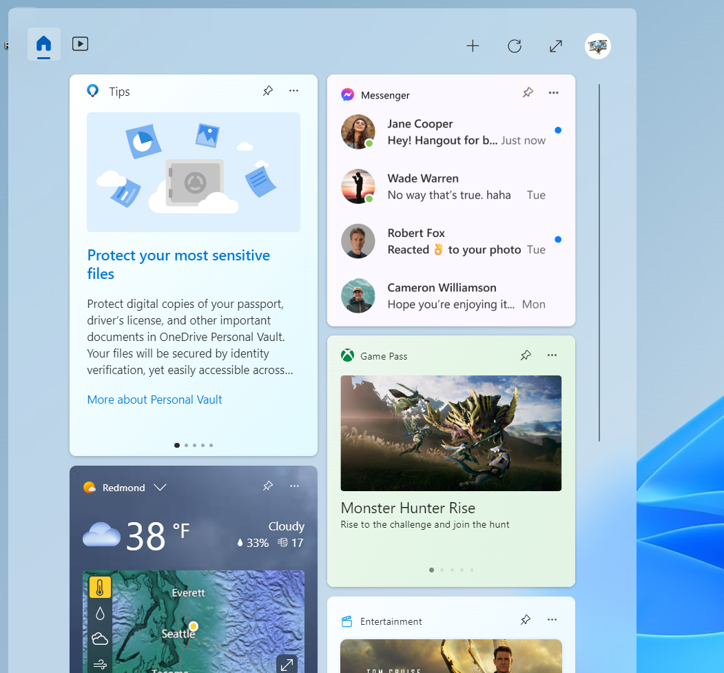 Messenger widget preview on Windows 11 widgets board