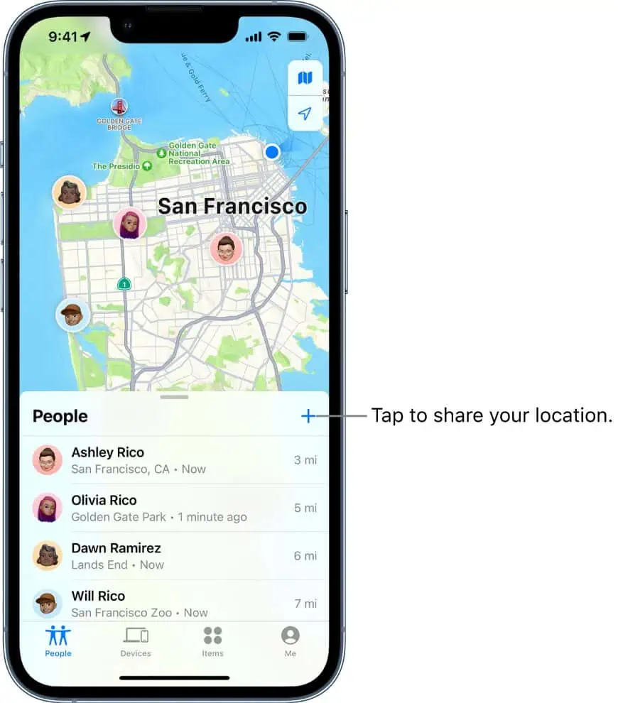 sharing location using Apple Find My app