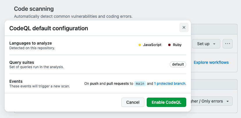 GitHub CodeQL default configuration window with Enable CodeQL option