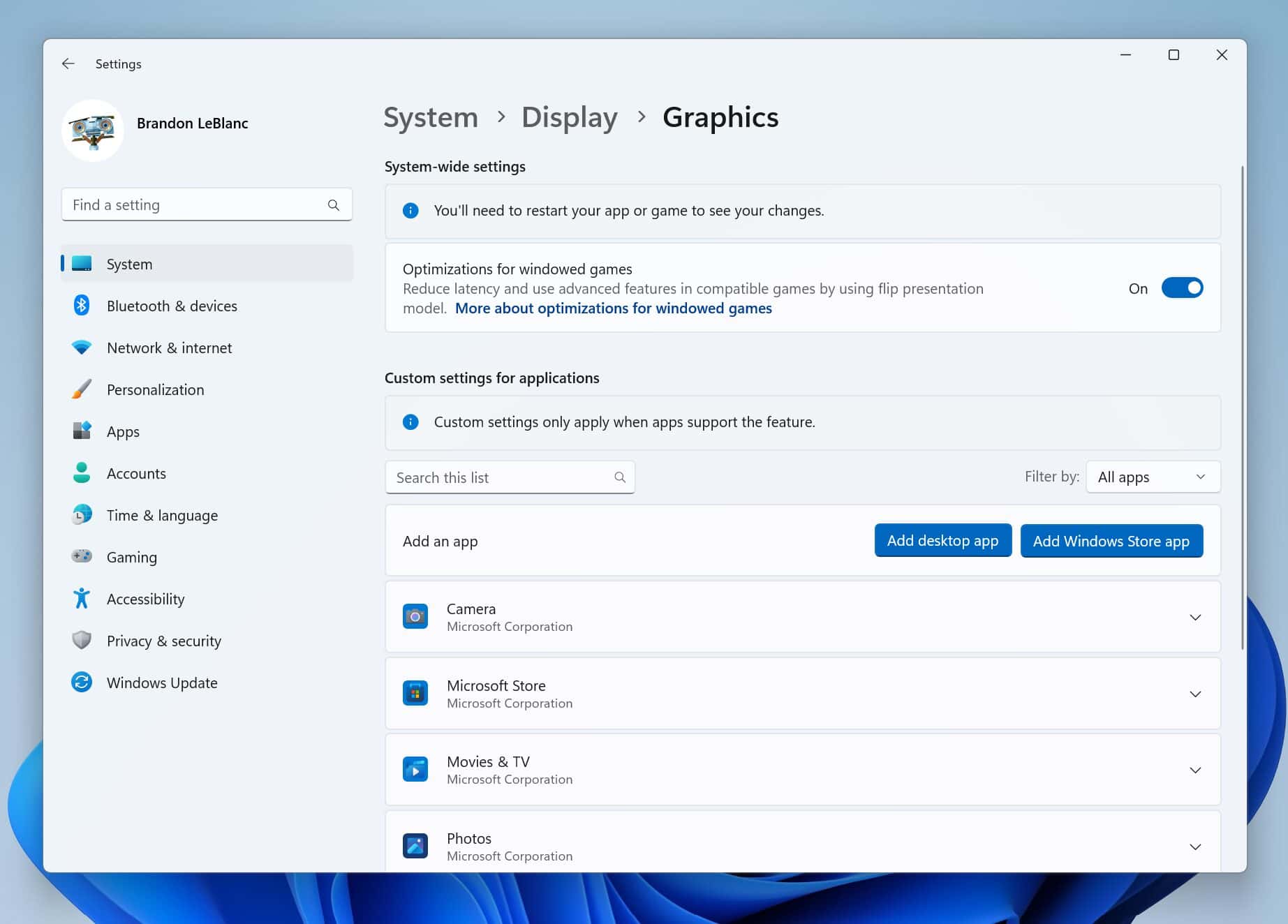 Enhanced graphics settings page complementing current Windows 11 visuals
