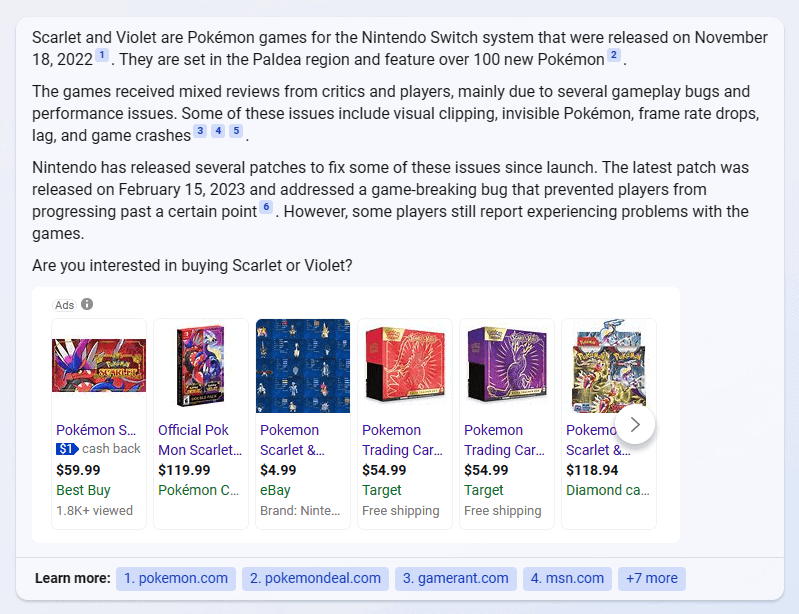 Bing chatbot ads in Pokemon Scarlet and Violet search response