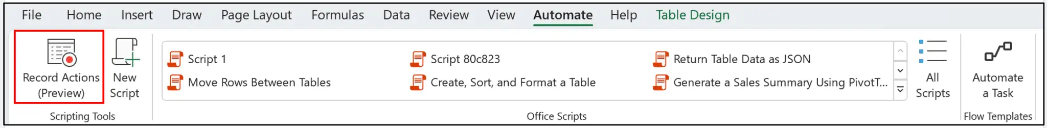 Excel Record Actions option