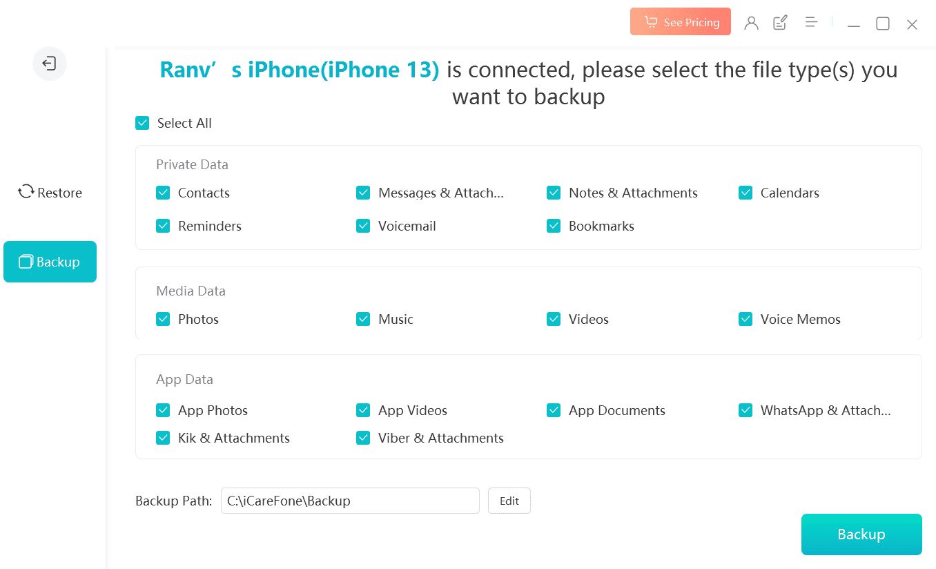 Create your iPhone backup using Tenorshare iCareFone