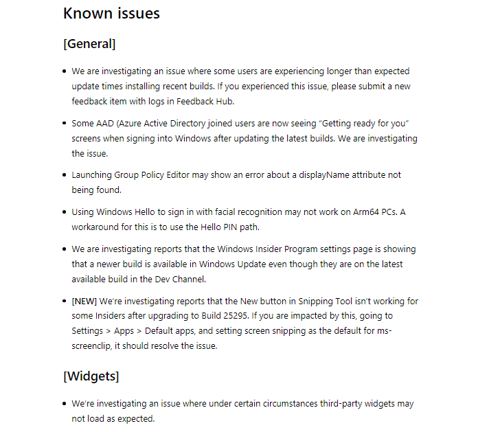 Windows 11 Insider Dev Build 25300 known issues