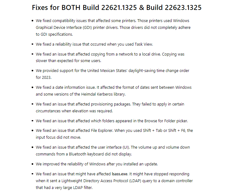 Remedieri pentru Windows 11 Insider Beta Build 22621.1325 și 22623.1325
