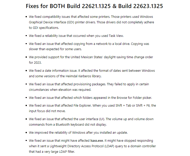 Windows 11 참가자 베타 빌드 22621.1325 및 22623.1325 수정