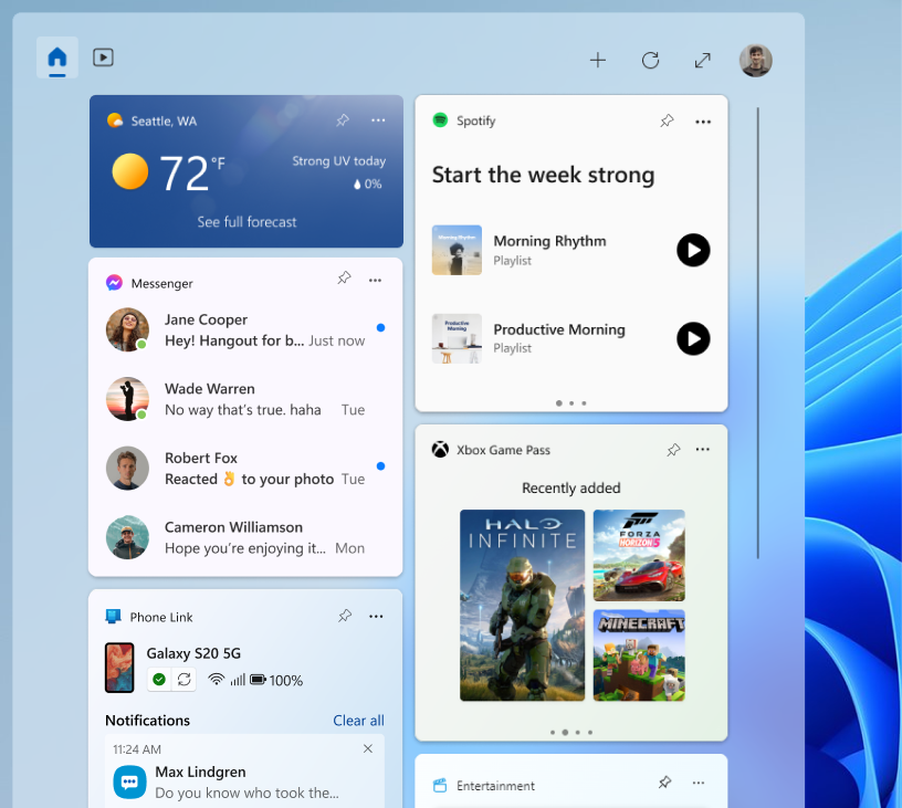 Widgets de Spotify, Messenger, Game Pass, Phone Link y Weather en el panel de widgets de Windows 11.