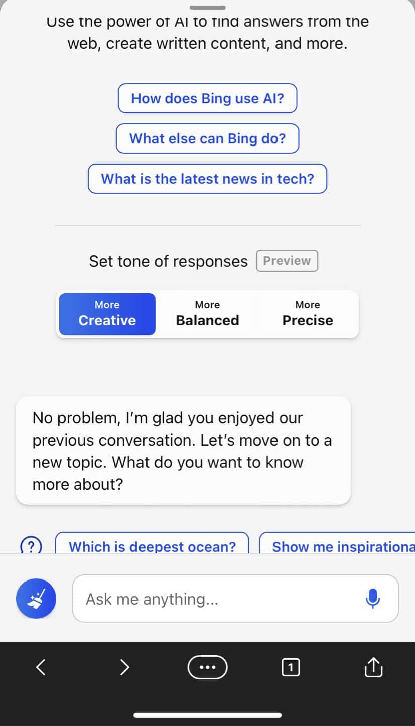Bing chatbot mobile UI with tone settings
