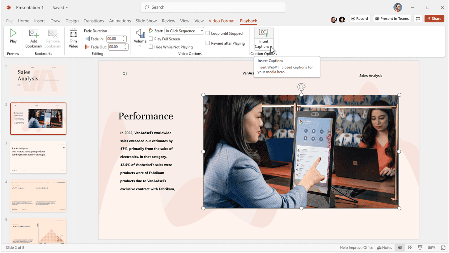 Inserting closed captions in PowerPoint