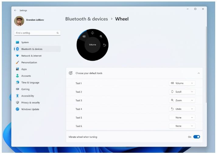 Improved Windows 11 wheel devices settings page