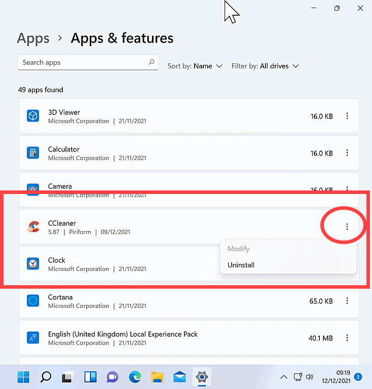 app uninstallation on Windows 11 Settings app