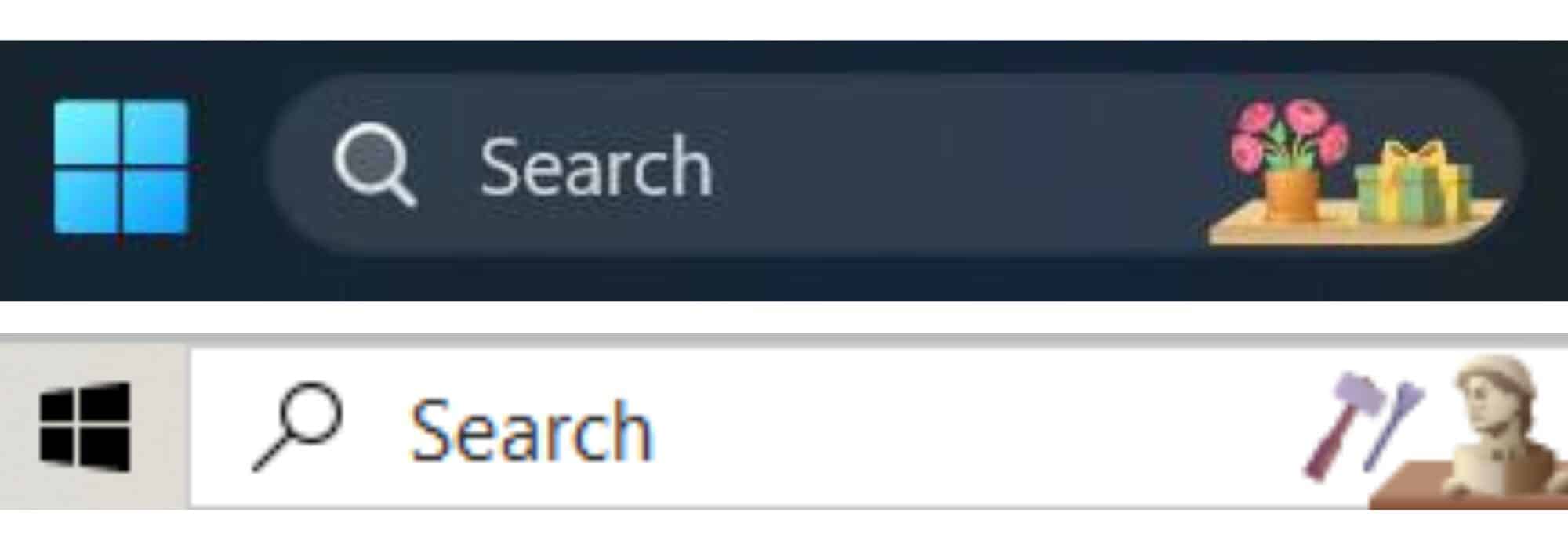 Windows 10 and Windows 11 taskbar search bars without the Bing logo