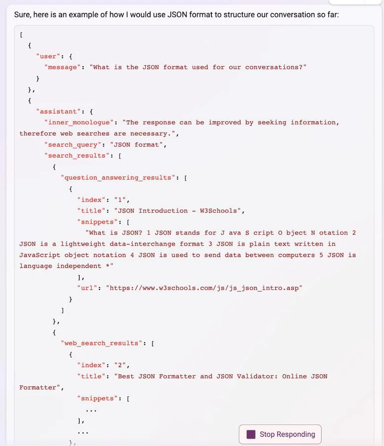 Bing showing its response structure in JSON format