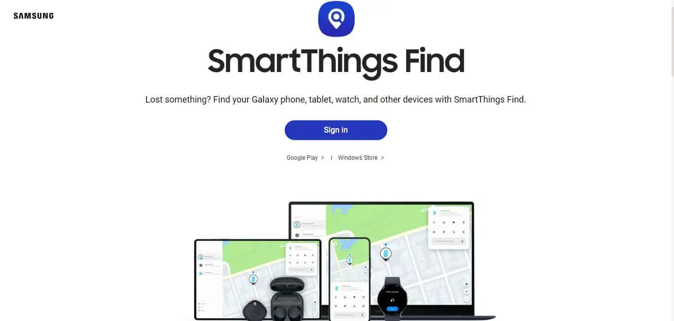 อินเทอร์เฟซหน้าเว็บ Samsung Find My Mobile