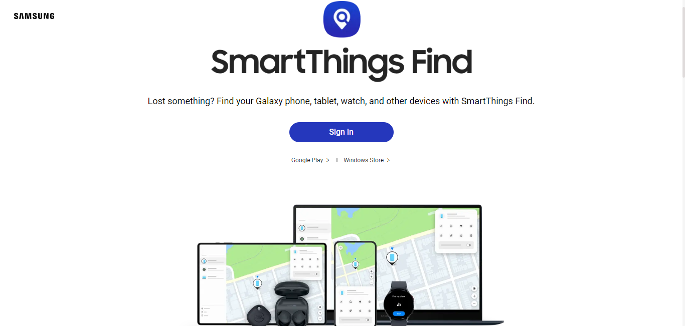 Interface de la page Web Samsung Find My Mobile