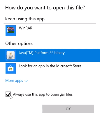 Setting Java(TM) Platform SE Binary as default in opening .jar files