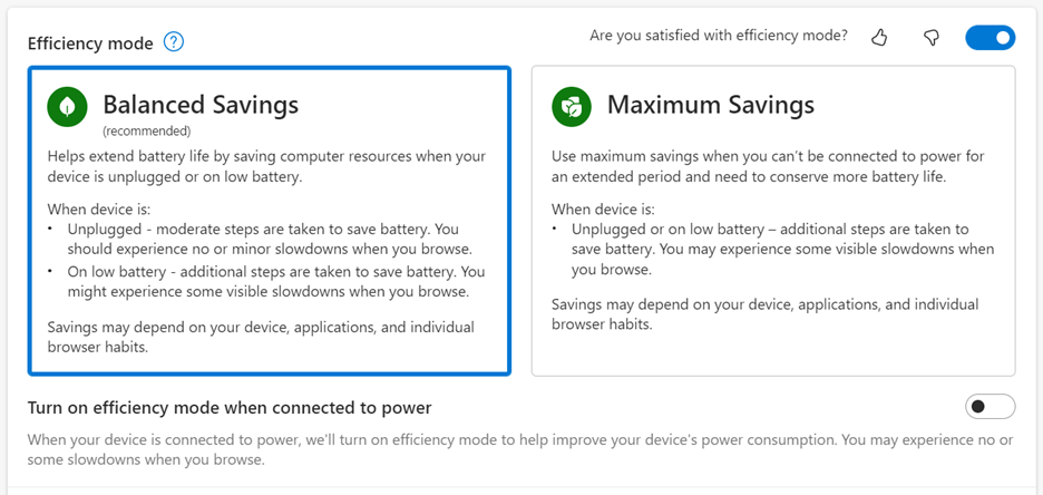 Efficiency mode energy-saving options