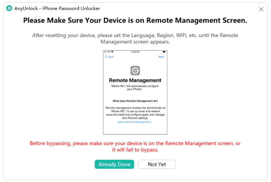 دستگاه را روی صفحه مدیریت از راه دور قرار دهید و روی "Already Done" کلیک کنید.