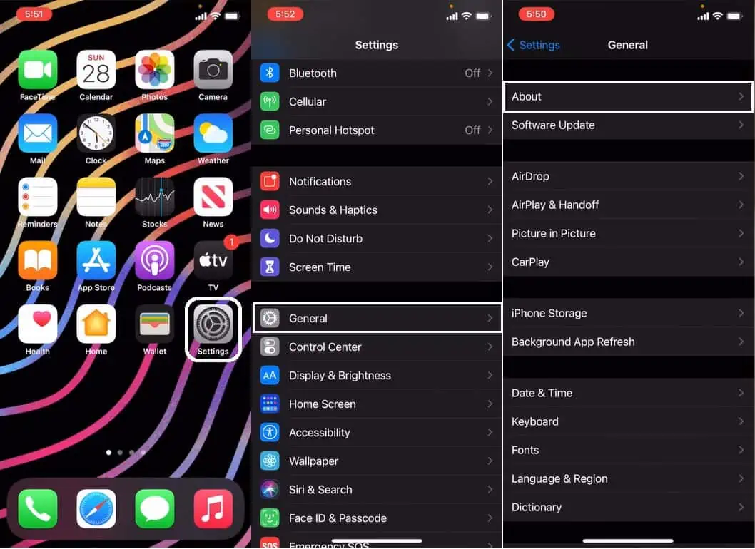 Opening Settings > General > About