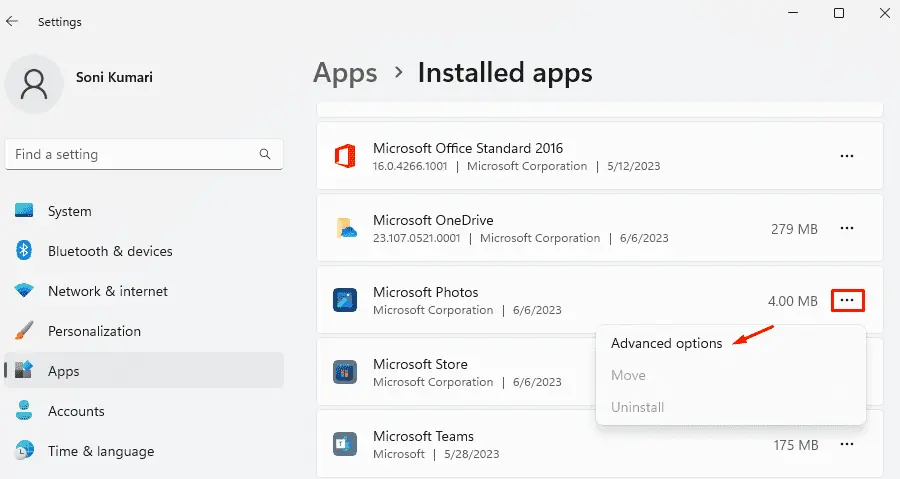 Open Adavanced options of Installed Apps