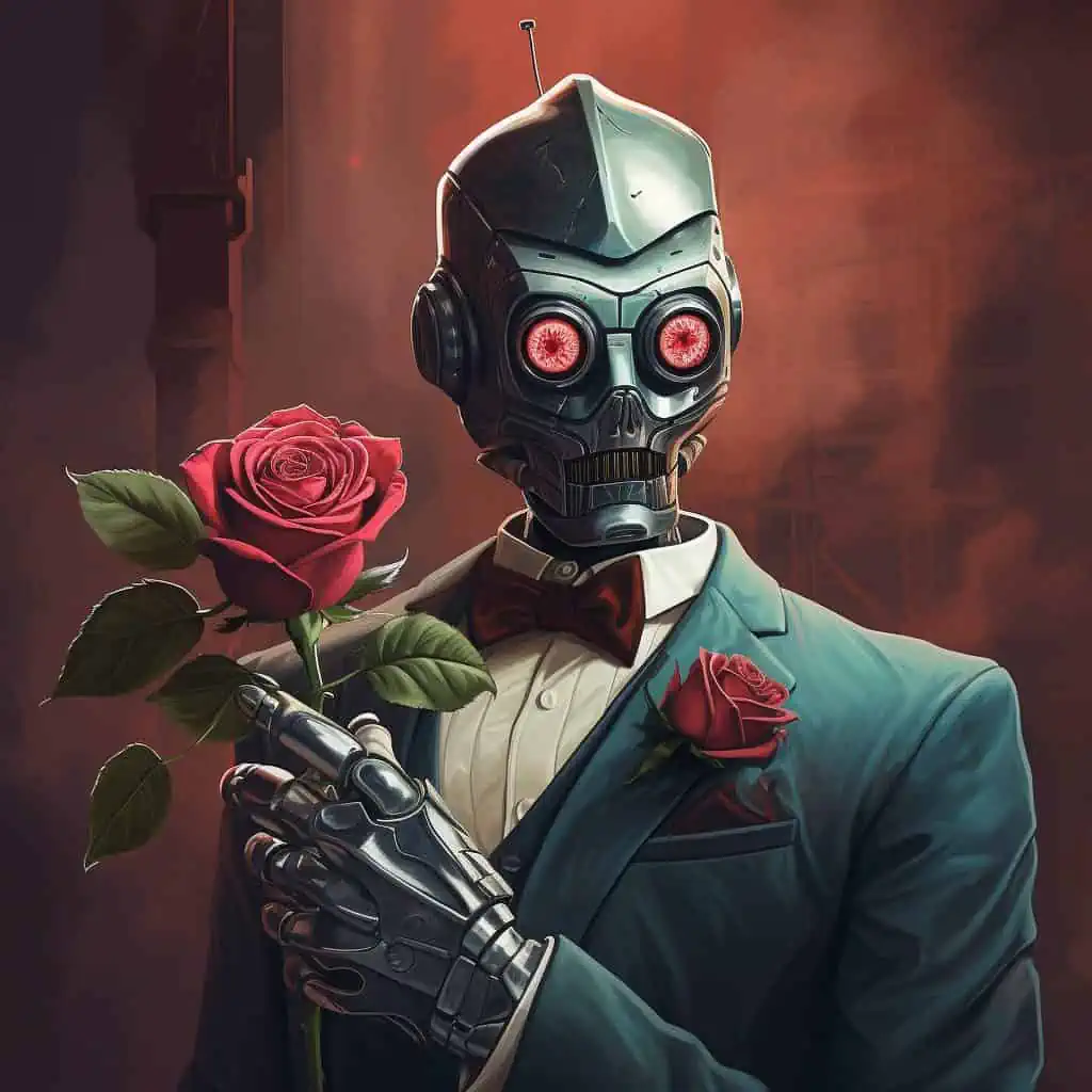 Portrait of a Robot Detective Holding a Rose in his Hand Best Midjourney Prompts