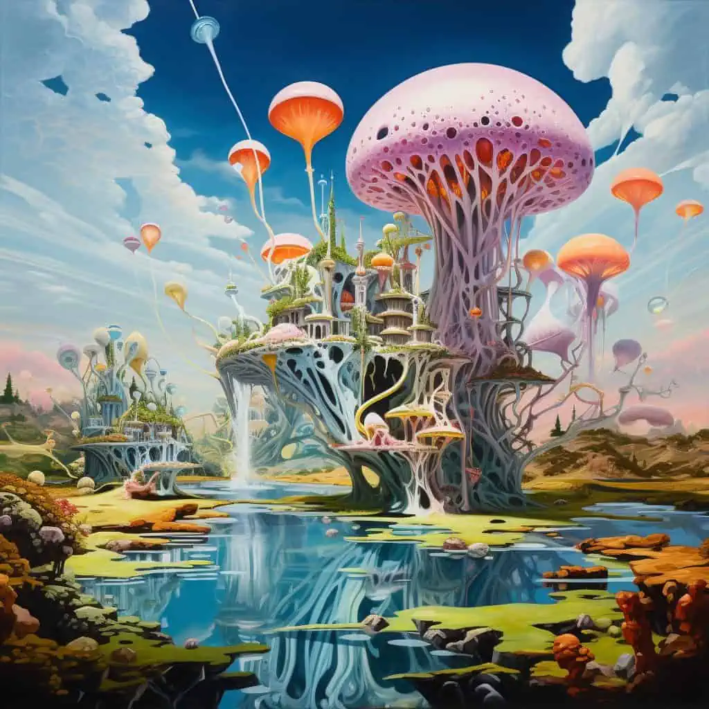 Surrealist painting Dali Style Mushrooms