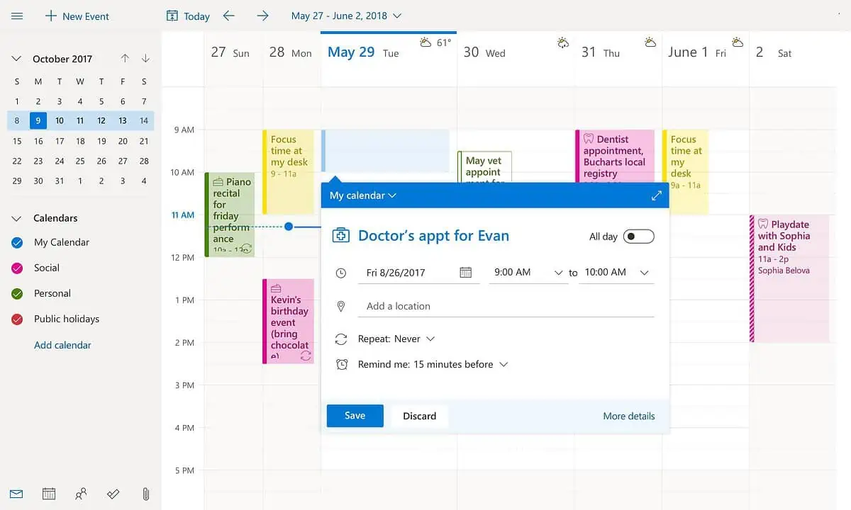 Interfaz de usuario del calendario de Microsoft Outlook