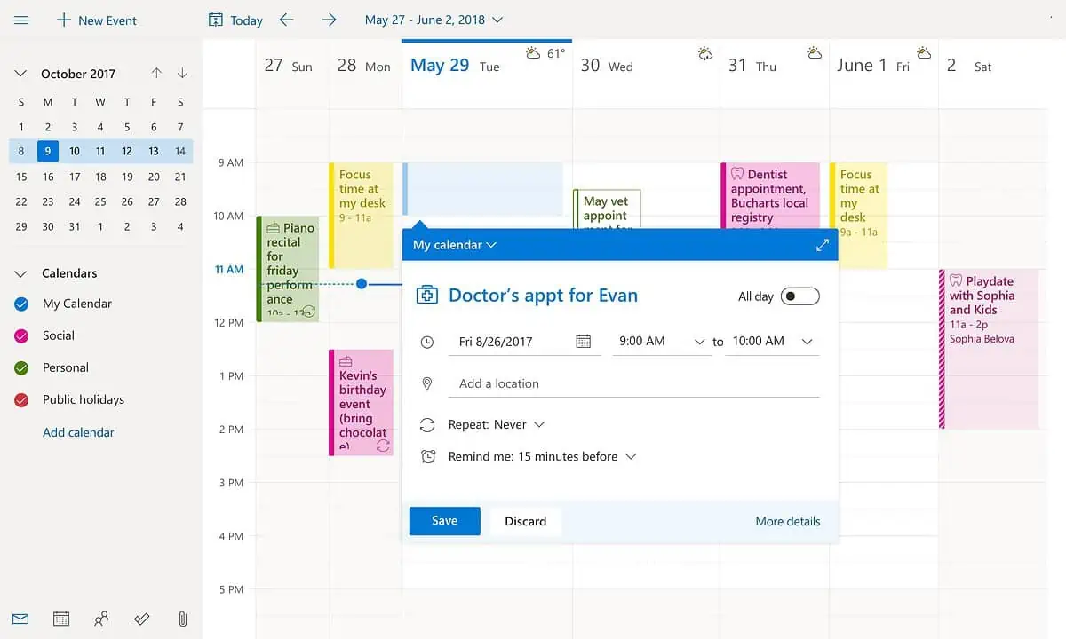 Gebruikersinterface voor Microsoft Outlook-agenda