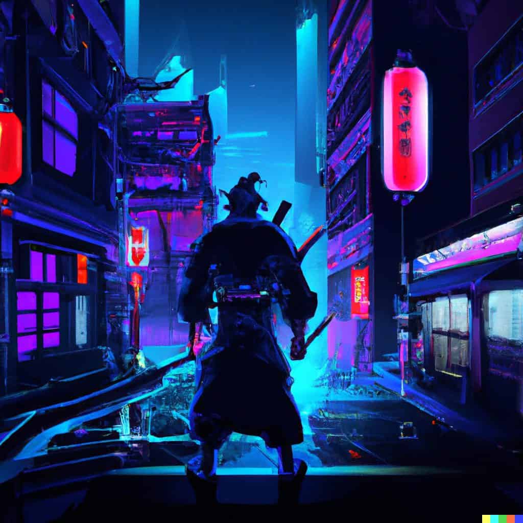 Cyberpunk digital art of a neon-lit city with a samurai figure Best DALL-E 2 Prompts