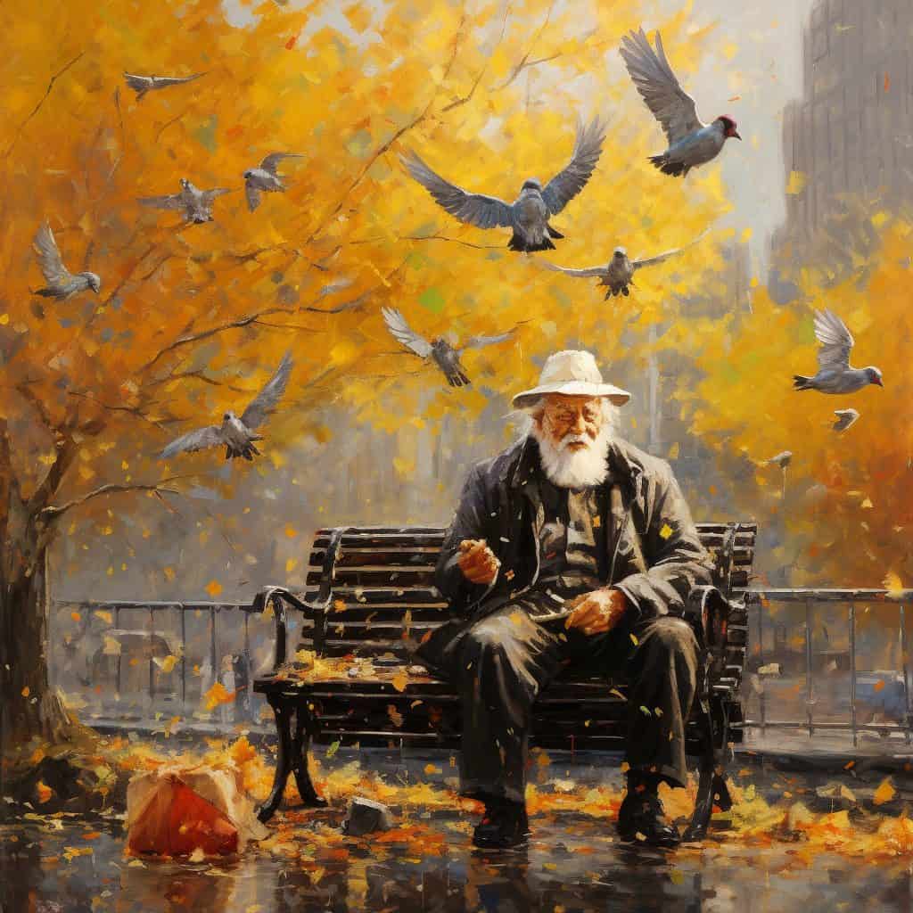 Impressionistic Painting of a Man Feeding Pigeons Best Prompts for AI Art